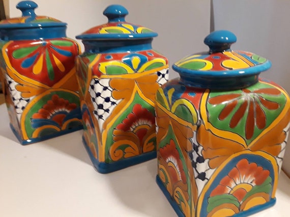 Talavera 3 Piece Canisters Set From Mexico Handcrafted Mexican Folk Art