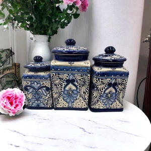 Blue and White XL 3 Piece Handcrafted Folk Art XL Talavera Canisters, Mexico Ceramic Holder