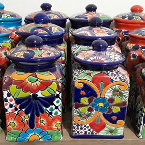 3 Piece Handcrafted Folk Art XL Talavera Canisters, Mexican Pottery, Cookie Jar, Ginger Jar, Flour & Coffee Canister Kitchen Decor