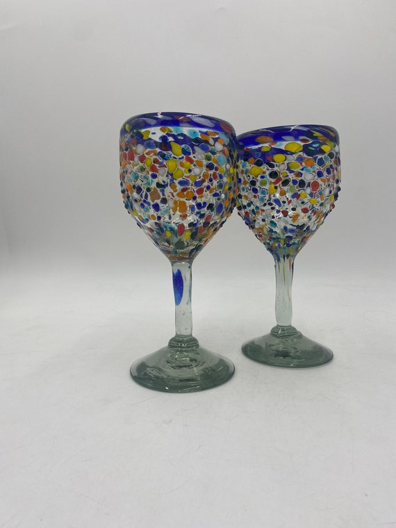 Wine Glasses hand blown 10 oz confetti swirl fancy 4 made in Mexico