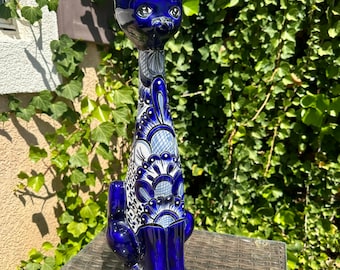 Grande statue de chat Talavera bleue et blanche faite main - Poterie mexicaine en céramique 19 pouces pour la maison et le jardin