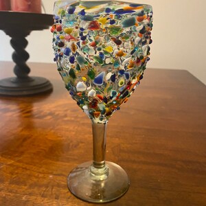 Set of 2 Handblown Mexican Glass Wine Glass | Confetti Pebbled Design | Multicolor Goblet for Special Occasions