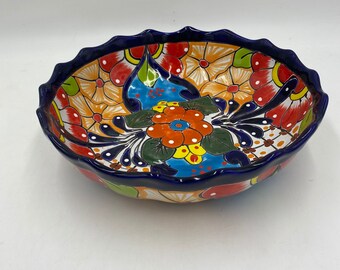 Talavera Scalloped Fruit Bowl, Mexican Pottery Center Piece