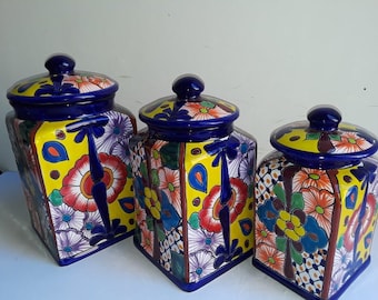 3 Piece Handcrafted Folk Art XL Talavera Canisters, Mexico Ceramic, Floral, Colorful, Vibrant