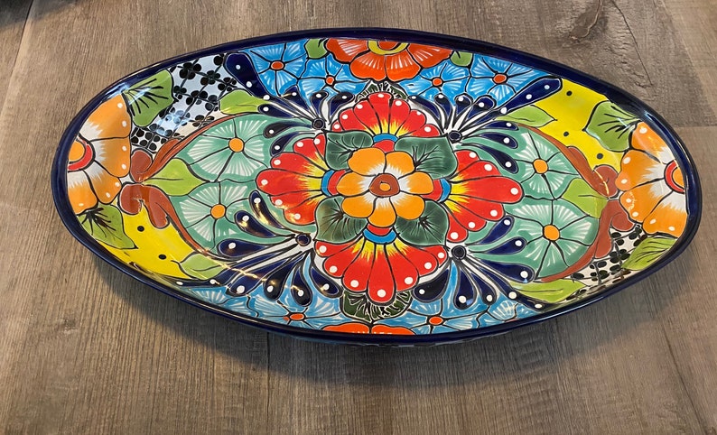 Large Oval Talavera Serving Platter, Mexican Dinnerware, Vibrant Mexican Floral Pottery, Handmade Decorative Talavera Dinnerware image 7