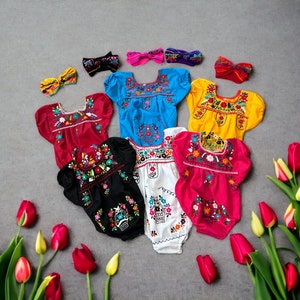 2 Piece Mexican Puebla Baby Romper with Head bow, Hand Embroidered Flowers made in Mexico image 1