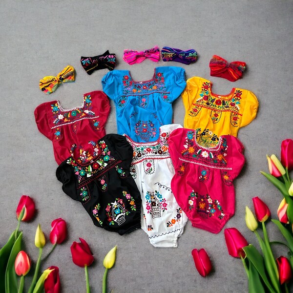 2 Piece Mexican Puebla Baby Romper with Head bow, Hand Embroidered Flowers made in Mexico