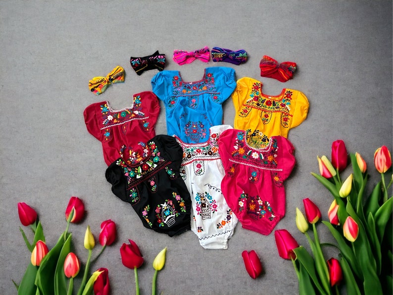 2 Piece Mexican Puebla Baby Romper with Head bow, Hand Embroidered Flowers made in Mexico image 1