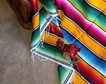 Mexican Serape / Saltillo blanket Bright Yellow with Red, blue White Fringe XL 82" X 62"