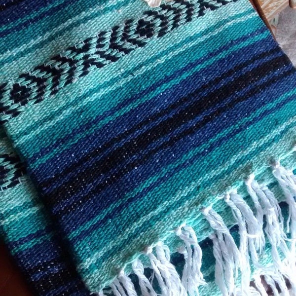 Blue and Mint Falsa Blanket, Mexican Blanket Saltillo , Mexican Throw Blanket