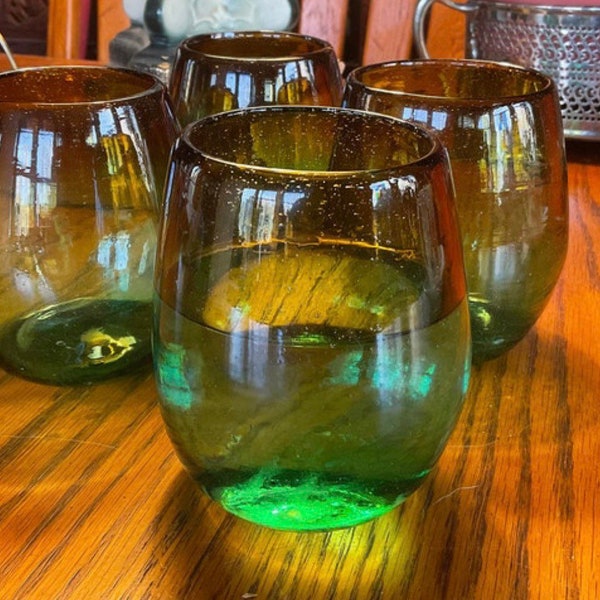 Cenote Glasses, Set of 4, 18 Ounce Ombré Stemless Wine Hand blown Mexican Glassware