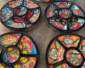 Talavera Ceramic Mexican Pottery Chip Dip Platter 7Pc Appetizer Tray Handcrafted in Mexico 12.5" Great Gift!!!