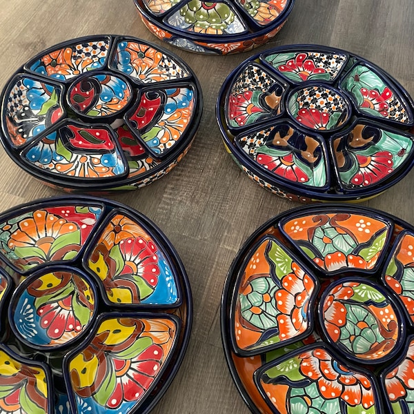 Talavera Ceramic Mexican Pottery Chip Dip Platter 7Pc Appetizer Tray Handcrafted in Mexico 12.5" Great Gift!!!