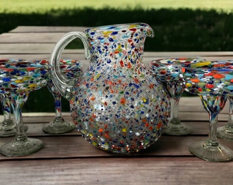 Handblown Mexican Glassware Set | 7-Piece Margarita Glasses and Textured Pitcher
