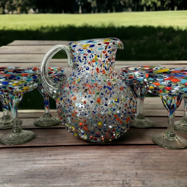 Handblown Mexican Glassware Set | 7-Piece Margarita Glasses and Textured Pitcher
