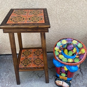 Talavera Accent Table, Choose Your Own Talavera Tiles, Handmade Folk Art Mexican Pottery 24" Height x 12" Width, Wood Side Table