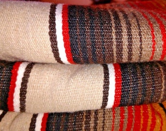 Mexican Blanket Saltillo, Serape from Mexico Tan,Brown & Orange stripes with white fringe X-LARGE 82” X 62"