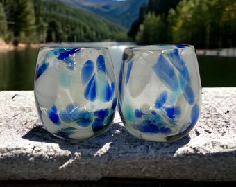 Set of 2 Hand blown Mexican stemless  Style Glass  16 ounce wine Mexico glass