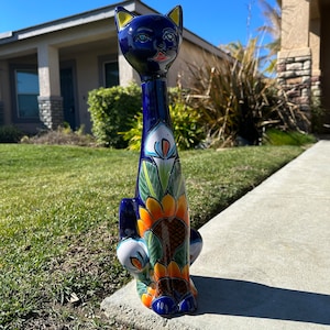 Talavera Tall Cat Statue - Handmade Ceramic Mexican Pottery for Home Decor, indoor / Outdoor Garden , Hand Crafted Mexican Cat Statue Art