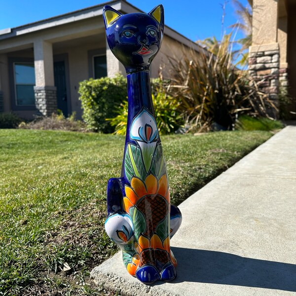 Talavera Tall Cat Statue - Handmade Ceramic Mexican Pottery for Home Decor, indoor / Outdoor Garden , Hand Crafted Mexican Cat Statue Art