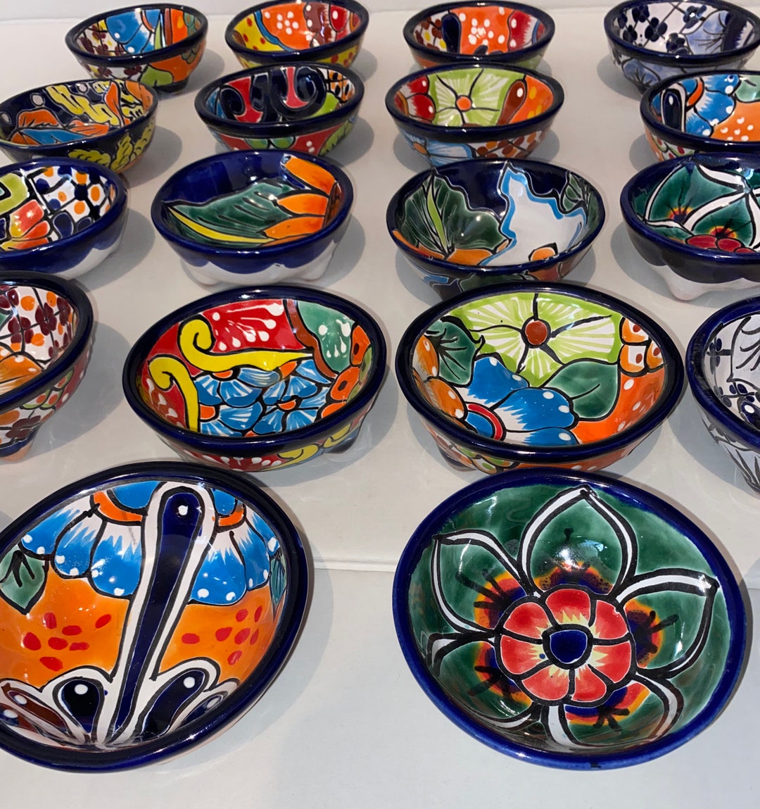 Set of 8 Talavera Salsa Bowls, Handcrafted in Mexico Multi Color Floral 4 Diameter Ceramic