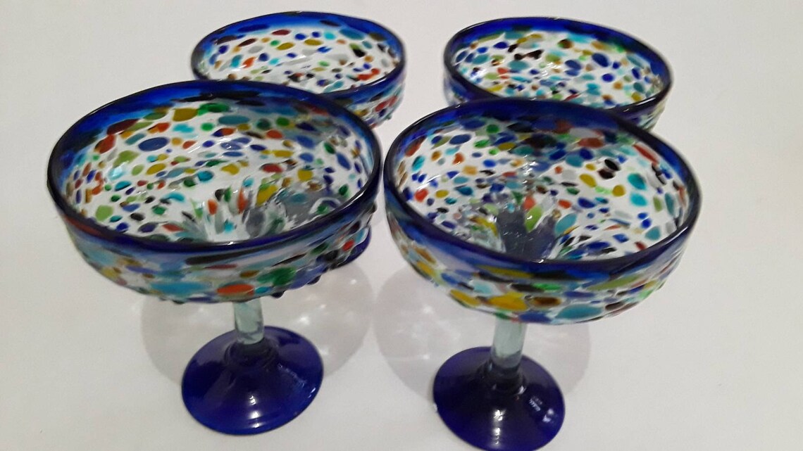 Hand Blown Blue Rim Mexican Margarita Glasses Pebble Confetti Etsy