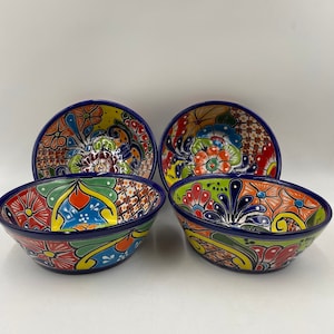 Handmade XL Talavera Stew Bowl Set | Beautiful Mexican Pottery Pozole Ceramic Folk Art | 4-Piece Se