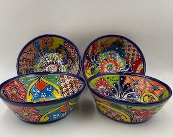 Handmade XL Talavera Stew Bowl Set | Beautiful Mexican Pottery Pozole Ceramic Folk Art | 4-Piece Se