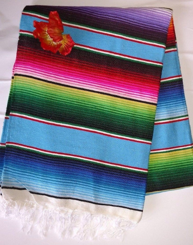 Mexican Traditional Serape Blanket Multi Color Baby Blue White Etsy