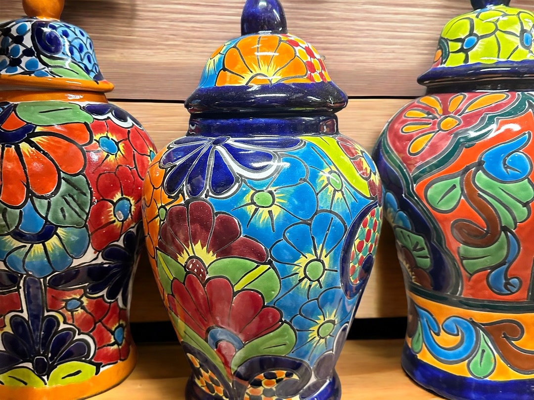 Handcrafted Colorful Talavera Vase With Lid Mexican Pottery Ginger Jar