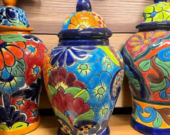 Handcrafted colorful Talavera Vase with Lid | Mexican Pottery Ginger Jar Urn