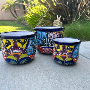 Ensemble de 3 jardinières Talavera | Poterie mexicaine faite main | Motifs floraux colorés | Décoration de jardin