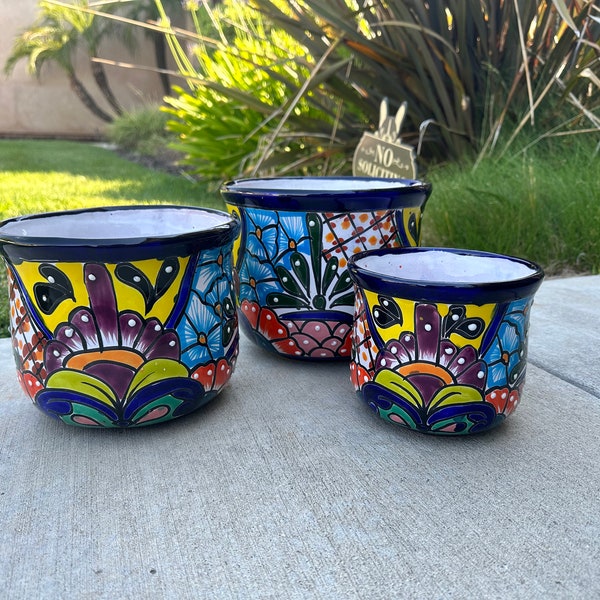 Set of 3 Talavera Planters | Handmade Mexican Pottery | Colorful Floral Designs | Garden Decor