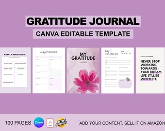 Plantilla de diario de gratitud canva editable / 6×9 pulgadas / 100 páginas / Diario de reflexión diario personalizable para mujeres digitales