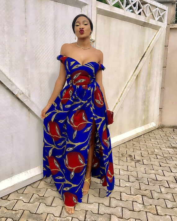 Ankara Off Shoulder Flowing Dress With Slit Etsy