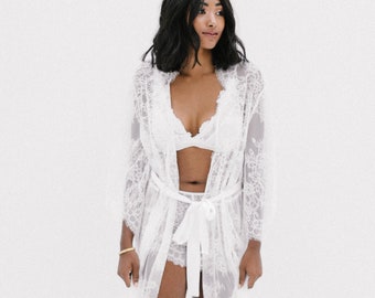 Kimono robe, Getting ready robe, Honeymoon lingerie, White lace robe, Wedding robe, Dressing gown from lace, Kimono robe, Honeymoon robe