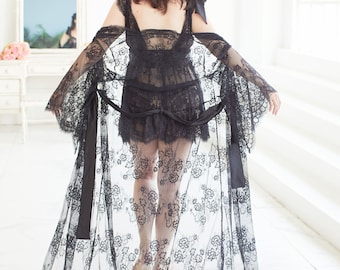 Labor day Maternity robe Maternity dress Photo shoot Made in USA Hand made Lace lingerie Long robe Robe Black bridesmaid Black lingerie Lace