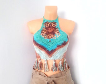 Festival top Crochet bikini top Turquoise Brown summer top Crochet crop top Crochet halter top Boho summer outfit for women Hippie clothes