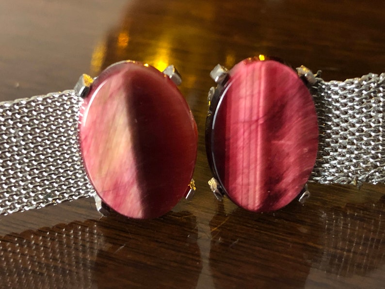 Vintage Dante Mesh Wrap Cufflinks and Tie Tack Set Red Tiger/'s Eye Men/'s Gift