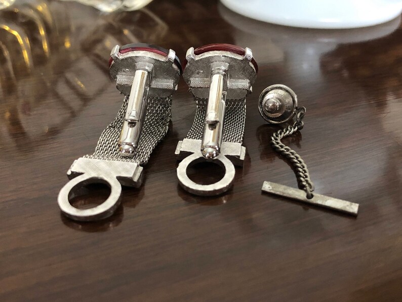Vintage Dante Mesh Wrap Cufflinks and Tie Tack Set Red Tiger/'s Eye Men/'s Gift