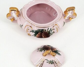 Vintage Sterling Pink China Cream & Sugar Set Pinecone Pattern Gold Accent