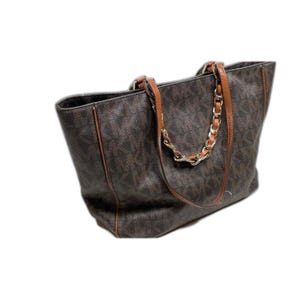 Bolso de mano vintage de cuero con doble asa y estampado de firma de Michael Kors en marrón