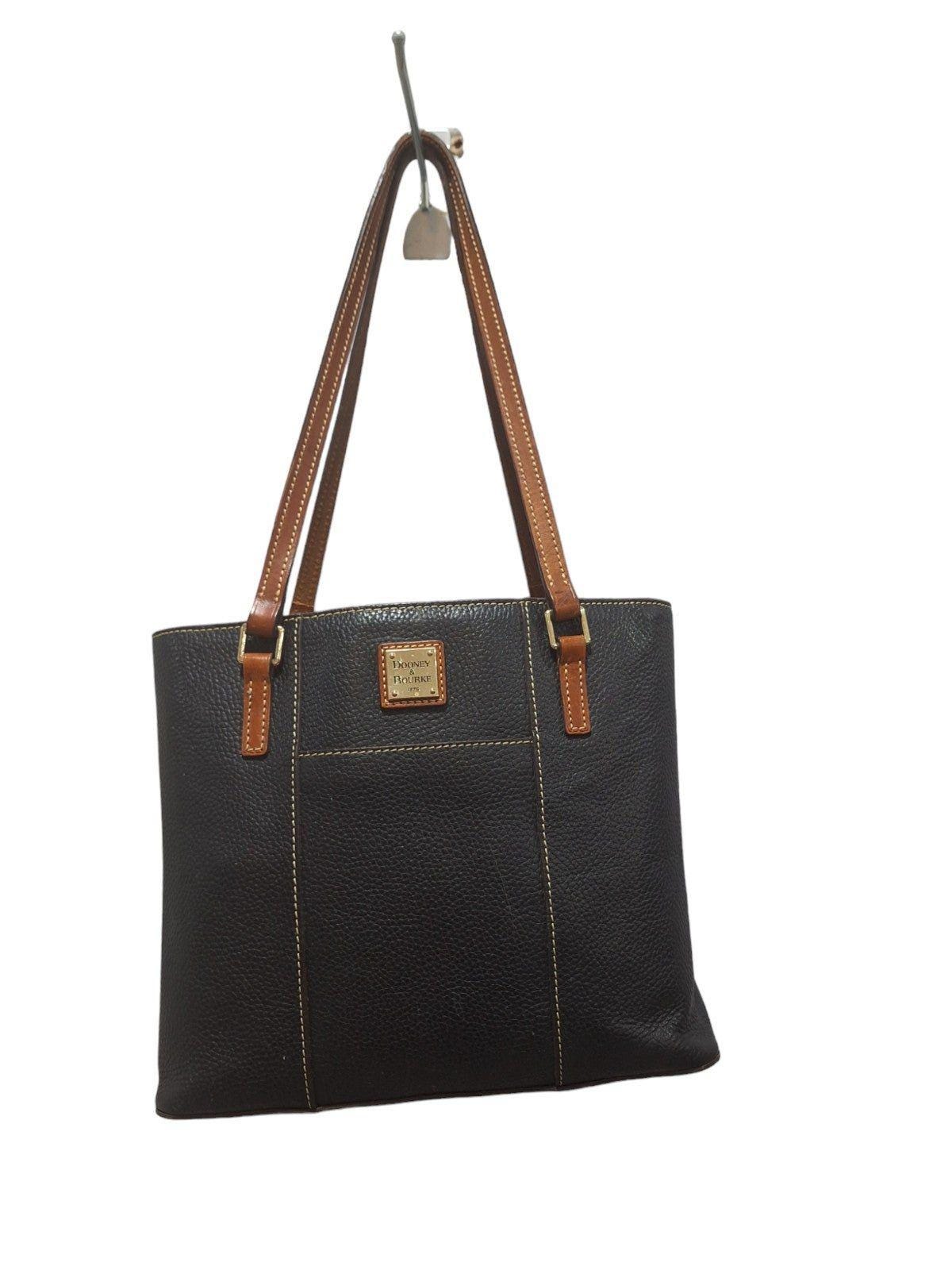 Vintage Dooney & Bourke Black Pebbled Leather Double Handle Handbag with Brown Leather Trim