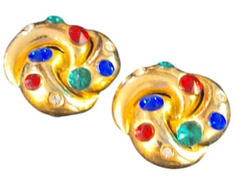 Gold and Multicolor Chunky Clip-On Earrings with Rhinestones