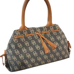 Genuine Vintage Dooney & Bourke Greenish Grey DB Logo Print-Top Handle Satchel Handbag
