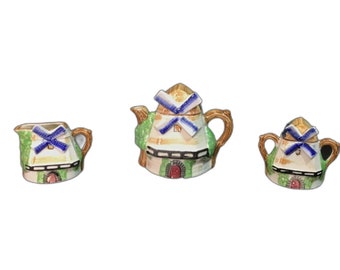 3-teilige Vintage-Sammler-Miniatur-Teekanne mit niederländischer Windmühle, Zucker und Milchkännchen