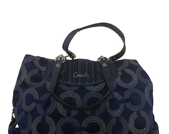 Vintage 1980s Navy Blue Coach Op Art Dotted &quot; Ashley &quot; Carry All Handbag #F20056