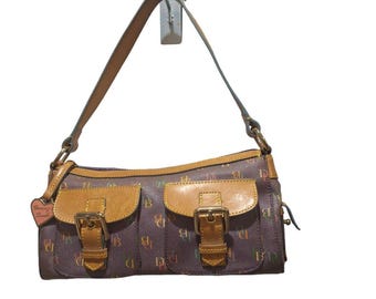 Vintage Signature Dooney & Bourke Purple Canvas and Tan Leather Trim Shoulder Handbag