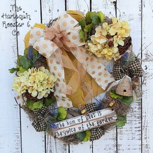 Honey Bee Wreath for Door, Hydrangea Wreath, Beehive Wreath, French Country Wreath, Garden Wreath