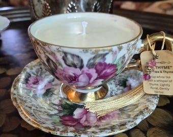 Świeca w kształcie filiżanki w stylu vintage z motywem kwiatowym | Świeca z wosku sojowego z różową różą i porcelaną kostną | Świeca z tymiankiem herbacianym | Prezent Cottagecore | Wystrój w stylu shabby chic